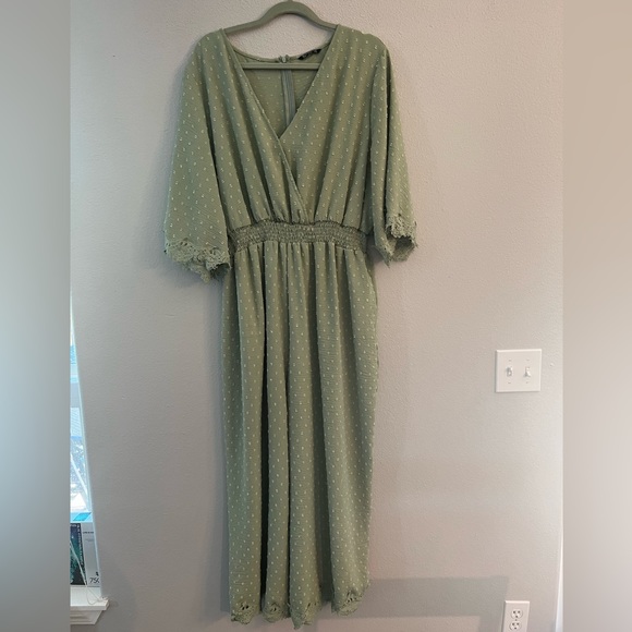 SIZE 26 Sage Plain Shirred Pocket Polka Dot Lace Trim Jumpsuit - Picture 4 of 4